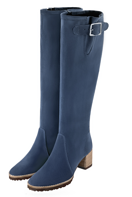 Denim blue women's knee-high boots with buckles. Round toe. Medium block heels. Made to measure. Front view - Florence KOOIJMAN